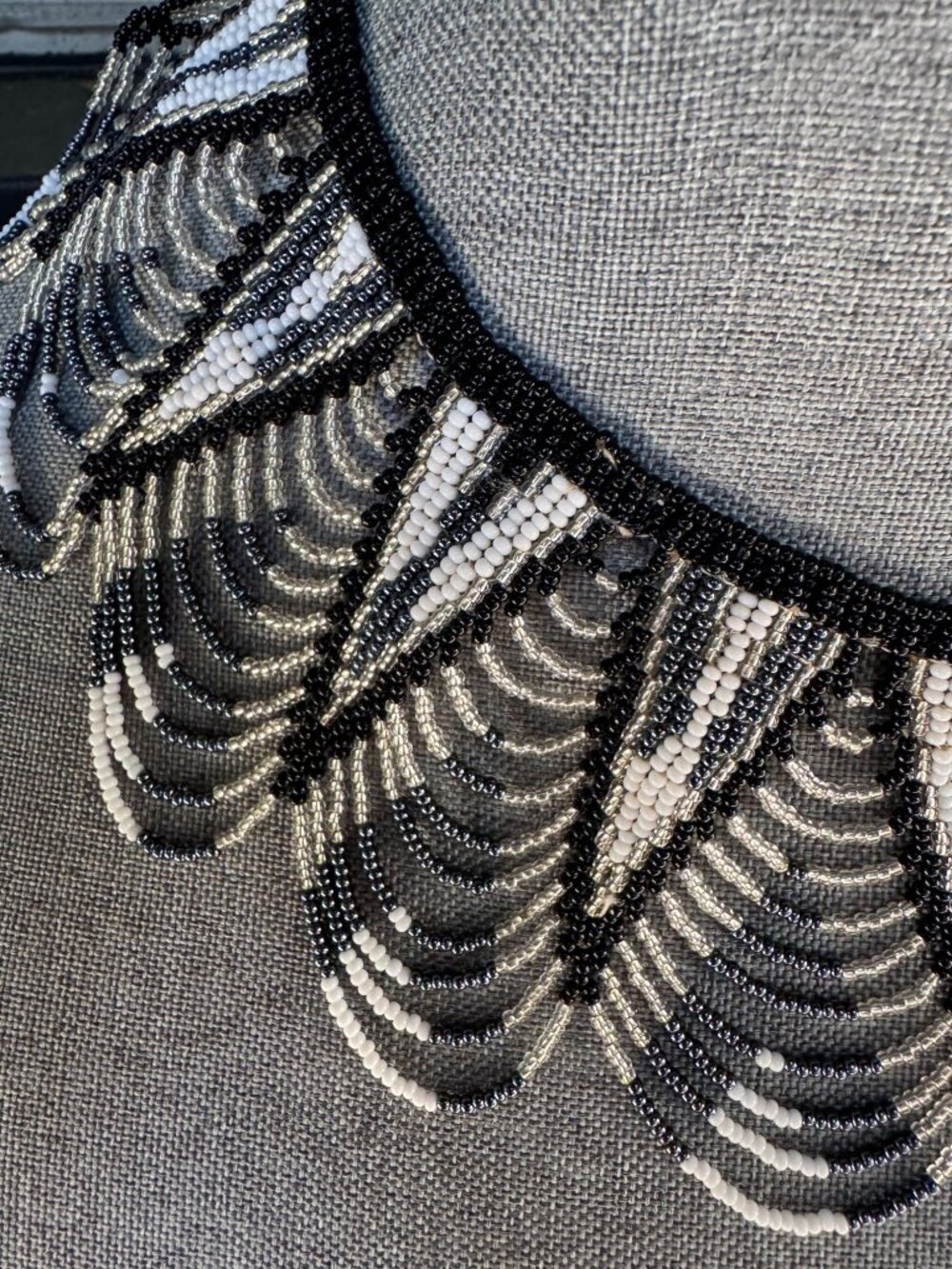Beaded Black & White Art Deco-Style Statement Necklace - Picture 3 of 7